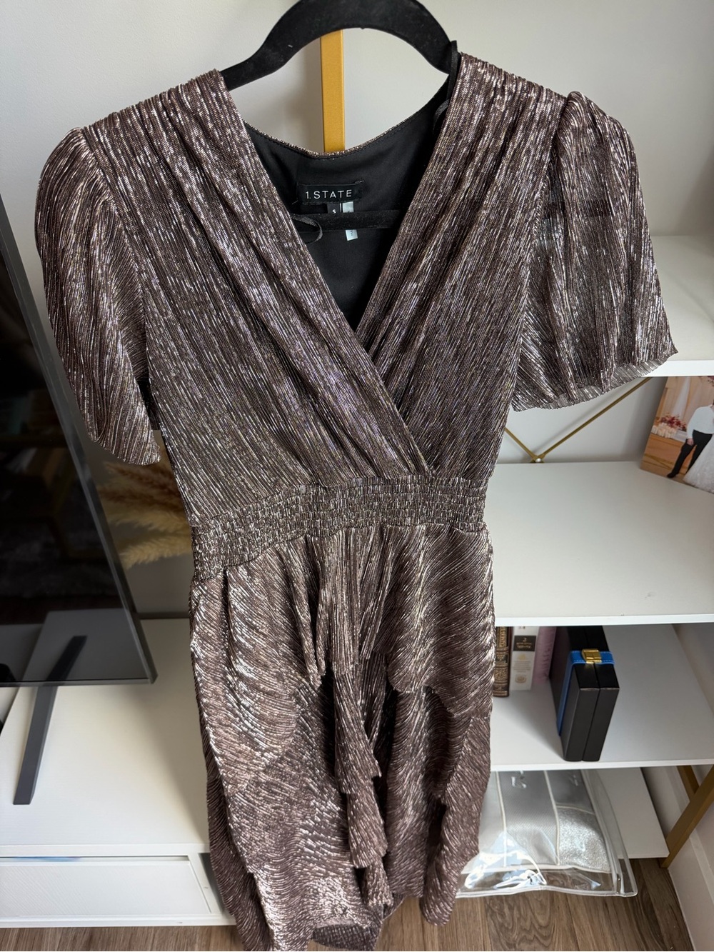 1. State Metallic Brown Pleated Asymmetrical Dress